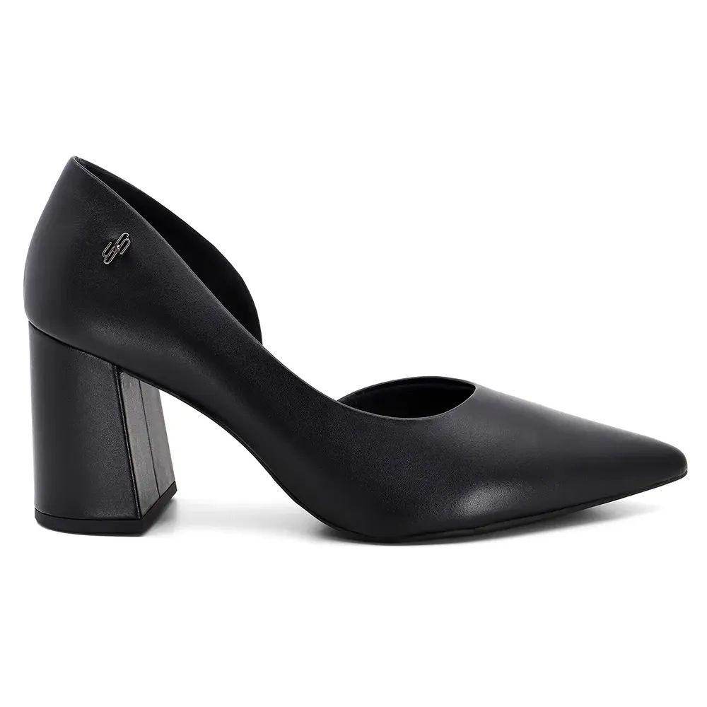 Sapato feminino Usaflex preto em couro legítimo com salto bloco de 8cm